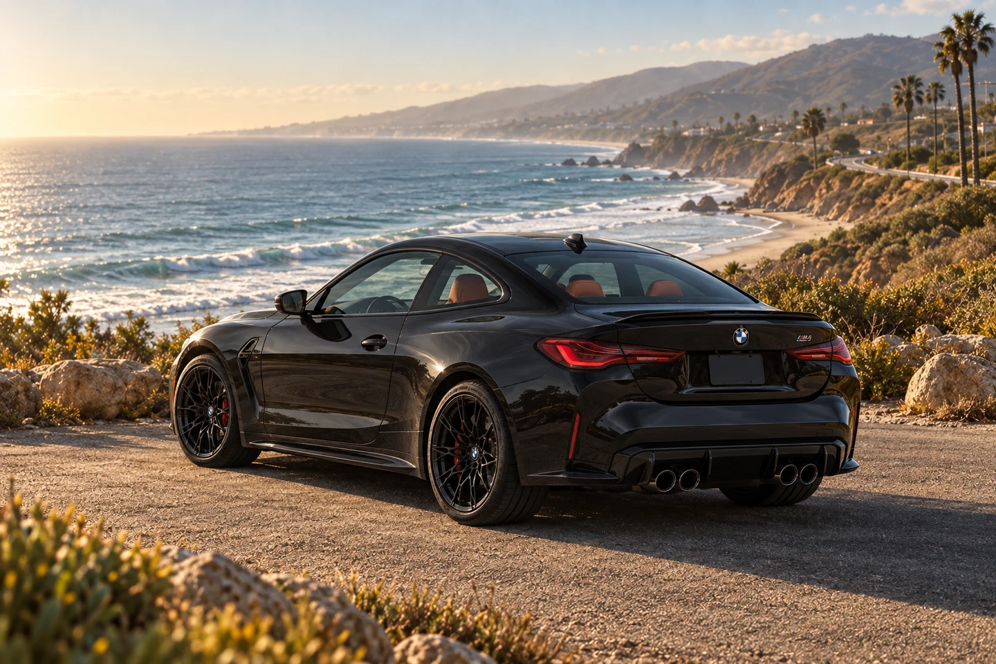 The fleet’s black BMW M4 in a film-inspired California coastal scene