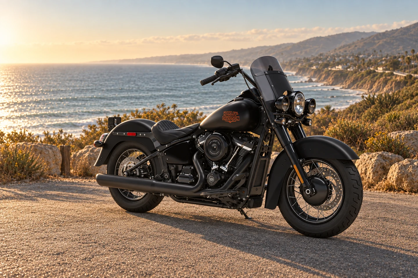 A Denim Black Harley-Davidson Deadwood in a film-inspired Malibu coastal scene