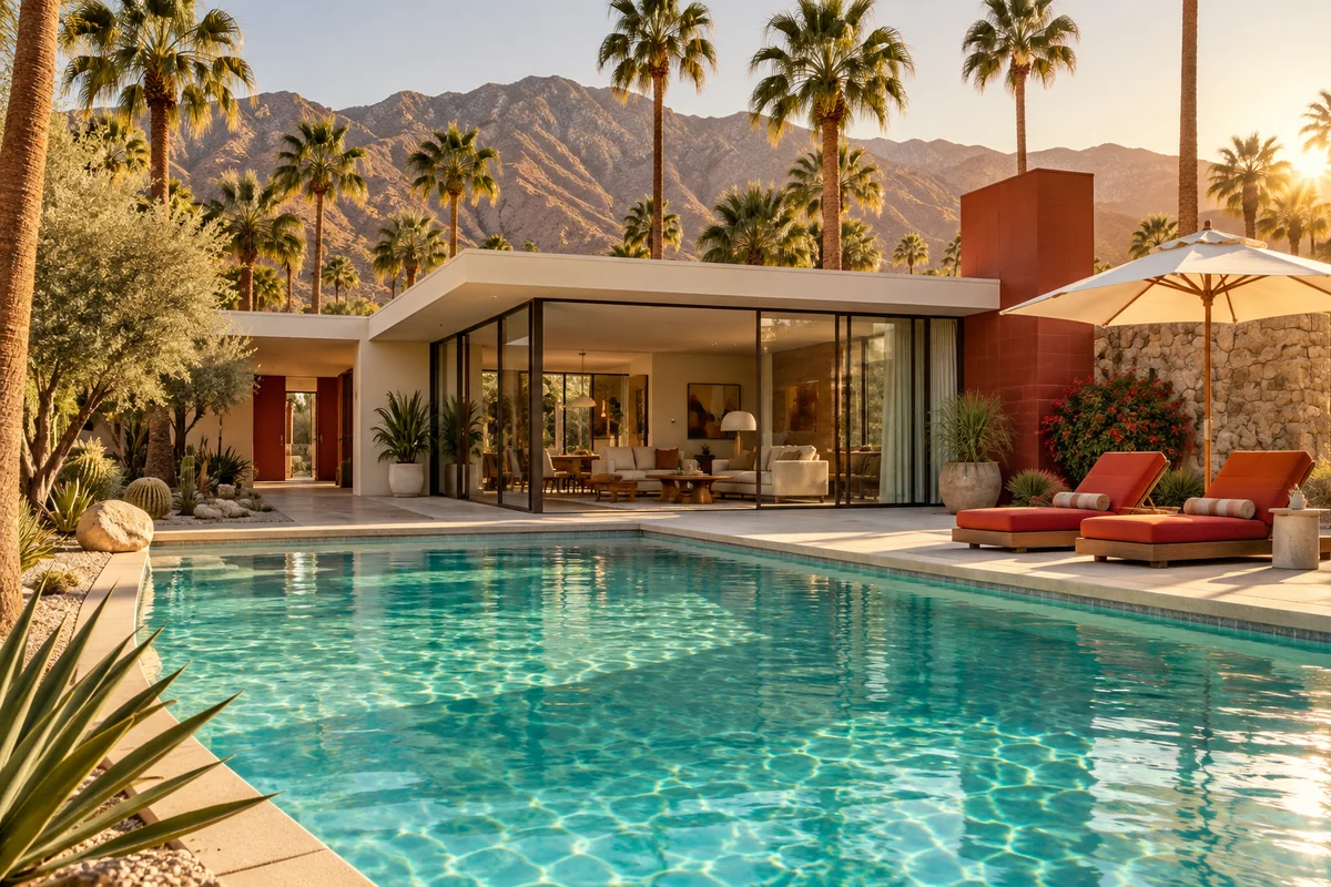 A sunlit California getaway with a pool and palm trees