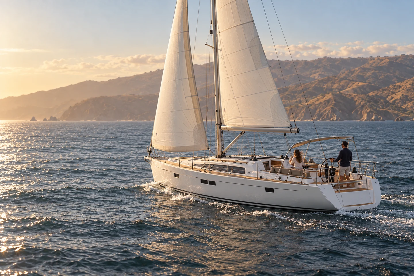 A sailing yacht off Catalina Island in warm, natural afternoon light