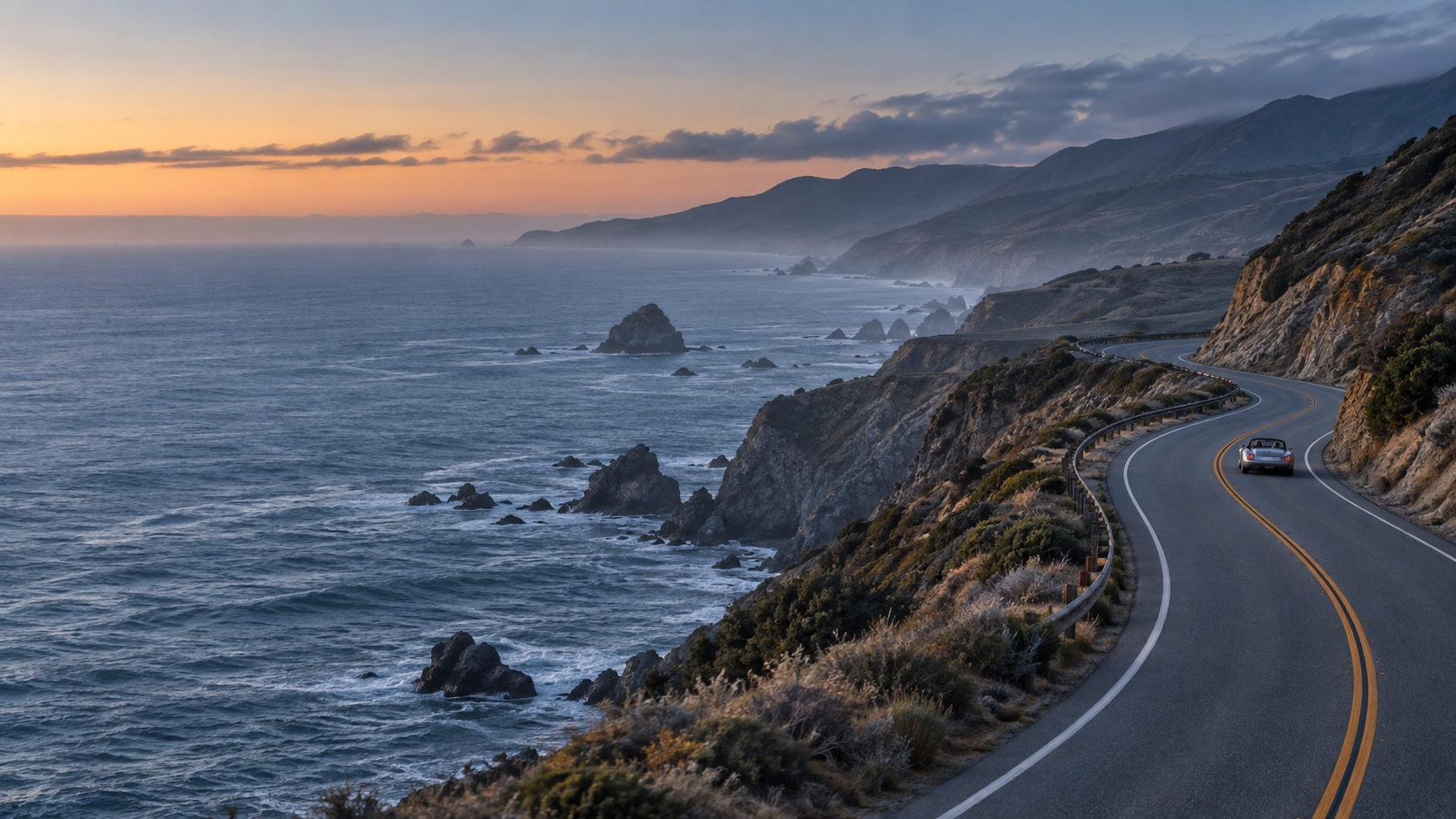 Illustrated convertible on a fictional Pacific coastal road at dawn